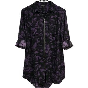 Rock & Republic Full Zip Tunic Top Small Long Roll-tab Sleeve Purple Floral Edgy
